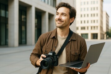 Young man holding camera and laptop smiling thoughtfully outdoors with modern architecture in background in natural light, concept of creative mind. Ai generative