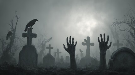 Haunted Graveyard Scene with Gothic Tombstones and Undead Hand Rising from Ground in Eerie Mist