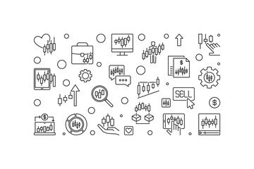 Stock Market Trading vector minimal horizontal illustration or banner in outline style