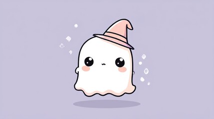 Charming Little Ghost in Witch Hat Against Cotton Candy Colored Sky with Magical Stars