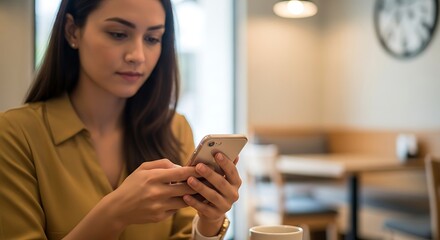 Woman Focused on Mobile Phone in Cafe.