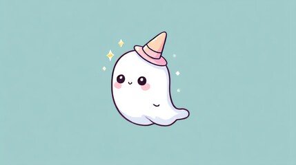 Adorable Halloween Ghost Character Wearing Witch Hat in Soft Gradient Sky with Twinkling Stars