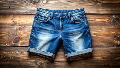 Stylish Blue Denim Shorts on Wooden Surface for Summer Fashion.