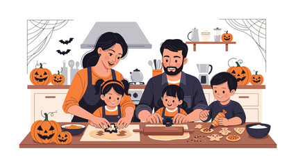 Halloween Family Baking: Capturing the heartwarming scene of a family, joyfully engaged in baking festive Halloween cookies in their cozy kitchen. The image exudes a sense of togetherness, tradition.