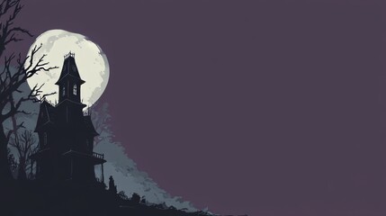 Dark Halloween Scene with Haunted Victorian House Against Dramatic Moonlit Night Sky Background