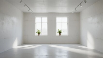 Fototapeta premium Bright and empty white room with two windows and potted plants