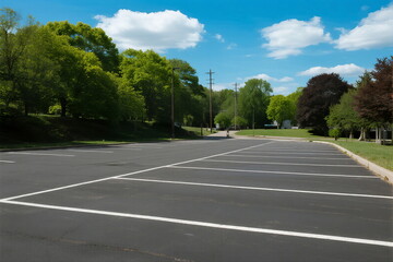 Empty parking lot surrounded by lush green trees under a clear blue sky