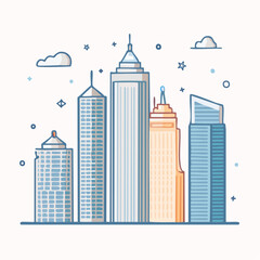 Stylized vector art showcasing the concept of a modern city skyline with various tall skyscrapers and architectural designs against a clean background