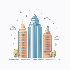 Modern urban cityscape illustrated with tall skyscrapers in a minimalist flat line art style. Concept of downtown architecture and city life