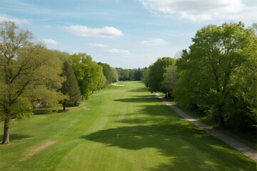 A wide green golf course with trees on both sides under a clear sky