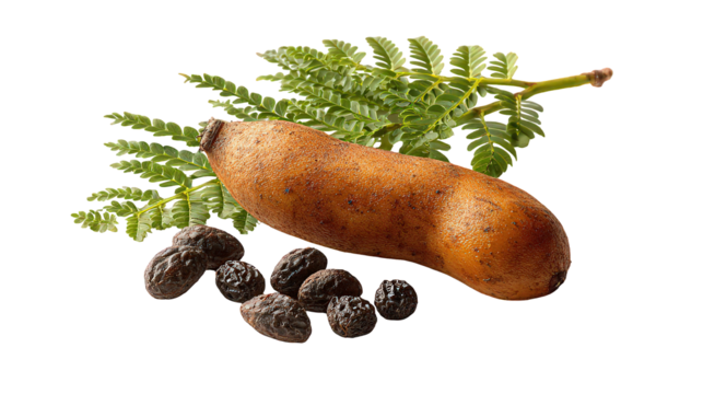 Closeup of a Golden Brown Elongated Fruit with Dark Berries and Fern Leaves on a Black Background