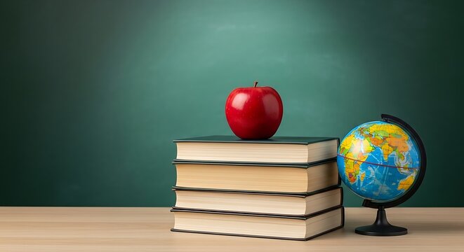 A stack of books with a red apple on top and a globe on the side, set against a green chalkboard background.