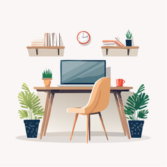A modern minimalist home office setup with laptop, ergonomic chair, and plants, creating a productive and serene environment for remote work and study