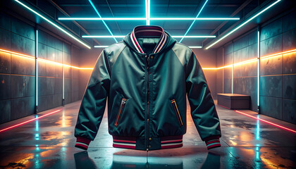 Stylish Bomber Jacket in Neon-Lit Urban Environment.
