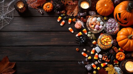 Autumn Halloween Flat Lay with Orange Pumpkins Fall Leaves Nuts and Seasonal Decorations on Dark Wood