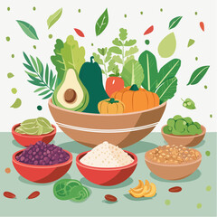A vibrant illustration showcasing a bounty of healthy plant-based foods, including fresh vegetables, legumes, and nuts for a nutritious lifestyle