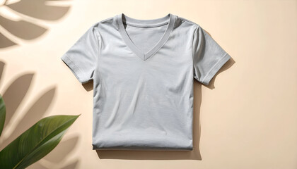 Stylish Light Gray V-Neck T-Shirt on Beige Surface with Leaf Shadow.
