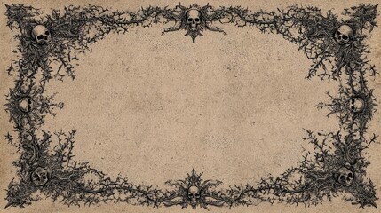 Dark Halloween Border Design with Skull Motifs and Intricate Vintage Scrollwork on Antique Paper