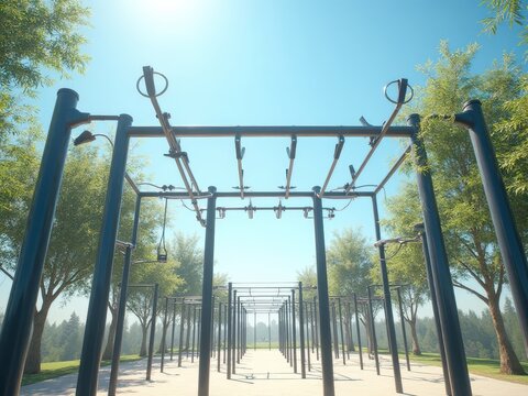Outdoor calisthenics park with pull-up bars and parallel bars under sunlight