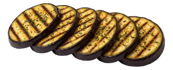 Six grilled eggplant slices with visible grill marks and sprinkled herbs.