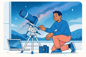 Man adjusting telescope while stargazing indoors with laptop and camera under a starry night background in flat illustration style. Ai generative