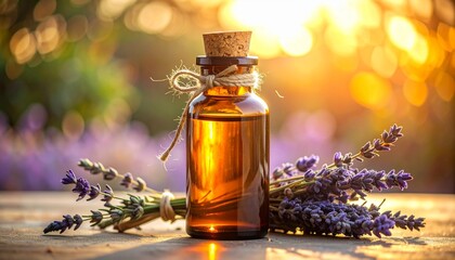 Amber Essential Oil Bottle with Lavender Golden Hour Backlit Composition.