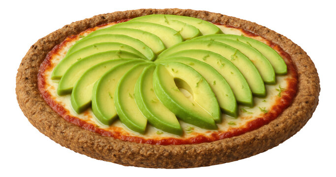Pizza topped with sliced avocado, tomato sauce, and melted cheese on a whole grain crust. - Powered by Adobe