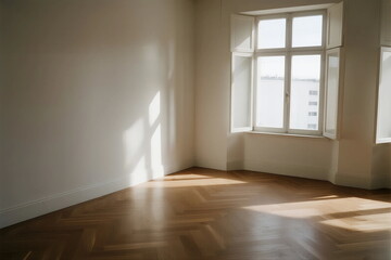 Obraz premium Empty room with wooden floor and large window letting in light