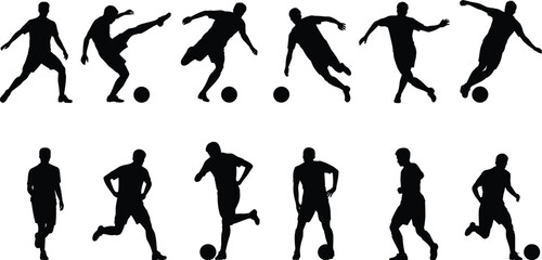 Soccer player silhouettes, football action poses, kicking ball, running athletes, sports training illustration, team game concept, black shadow artwork design