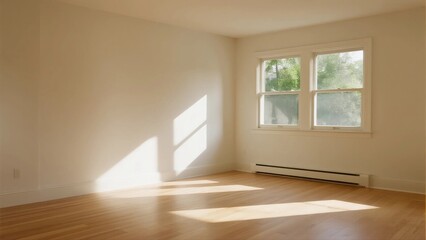 Empty room with wooden floor and large windows letting in light