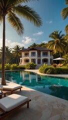 Fototapeta premium A luxurious villa surrounded by tall slender palm trees with lush green leaves, set against a breathtaking ocean view with crystal clear turquoise water and a horizon that stretches far into the dista