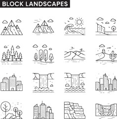 Create Block Landscapes line icon set. Vector pictograms of natural and urban scenery, mountain, beach, forest, desert, waterfall, cityscape, canyon thin linear illustration.