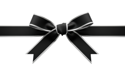 Elegant Black Ribbon Bow with Silver Edging Horizontal isolated PNG with Transparent Background
