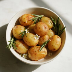 Roasted baby potatoes with rosemary and small flowers on top