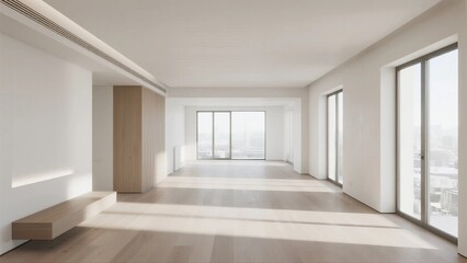 Fototapeta premium Spacious and bright empty room with large windows and wooden floor