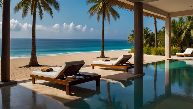 A luxurious villa surrounded by tall slender palm trees with lush green leaves, set against a breathtaking ocean view with crystal clear turquoise water and a horizon that stretches far into the dista