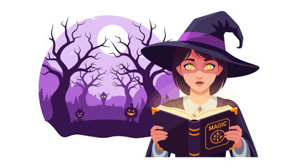 Mystical Witch with Spellbook: A bewitching witch, adorned in a pointed hat, engrossed in a magical spellbook set against a mystical, moonlit forest.