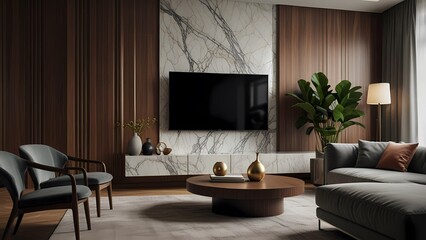 cinematic shot, modern minimalist living room, highly detailed, photorealistic, elegant, luxurious, high-end interior design, focal point a large wall featuring a blend of vertical wooden slat panels 