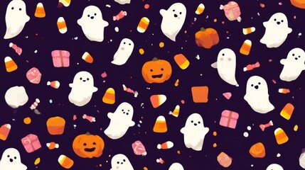 Sweet Halloween Illustration with Cute White Spirits Orange Pumpkins and Festive Candy Corn Design