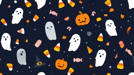 Cute Halloween Pattern with White Ghosts Orange Pumpkins and Candy Corn on Dark Blue Background