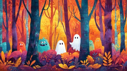 Adorable Ghost Characters in Whimsical Autumn Woodland with Vibrant Orange and Blue Tree Colors