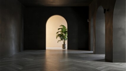 Obraz premium Minimalist interior space with arched doorway and potted plant