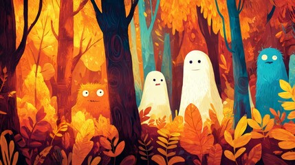 Friendly Halloween Ghosts Among Colorful Fall Trees in Enchanted Forest with Soft Atmospheric Light