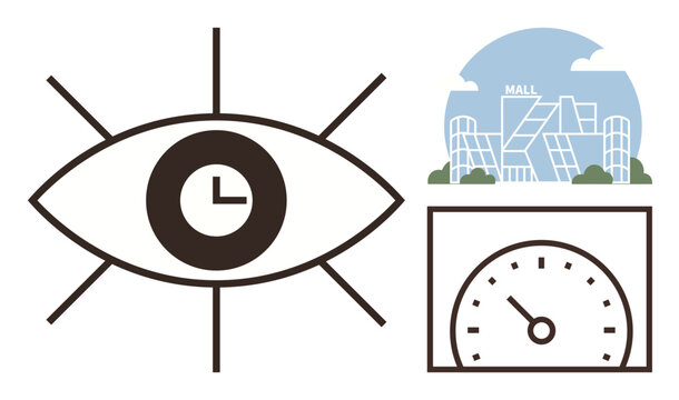 Eye with clock illustrates time observation, speedometer for efficiency, and mall as an activity hub. Ideal for productivity, planning, retail, monitoring, decision-making, focus and simple flat