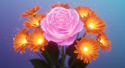 Luminescent Rose and Gerbera Bouquet: A Digital Still Life of Glowing Flowers