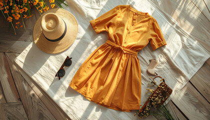 Summer fashion essentials - yellow dress, hat, sunglasses, and accessories.