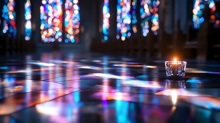 Obraz premium Glowing candle on reflective surface with colorful stained glass window light creating magical bokeh pattern and spiritual atmosphere in church interior.