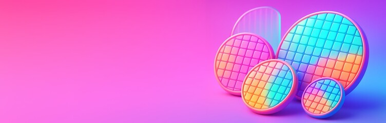 Colorful round geometric shapes with grid patterns on pink and purple gradient background, ideal for poster or banner design template concepts. Ai generative