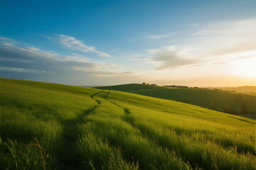 Fototapeta premium Beautiful green grassland under a clear blue sky at sunset