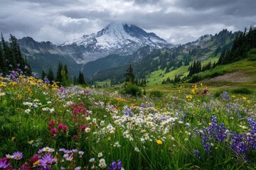 Obraz premium Mountain meadow bursting with wildflowers under a dramatic sky